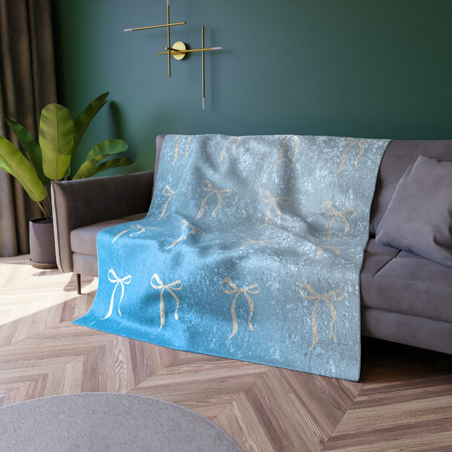 Coquette Bows on Ombre Blue Crushed Velvet Blanket