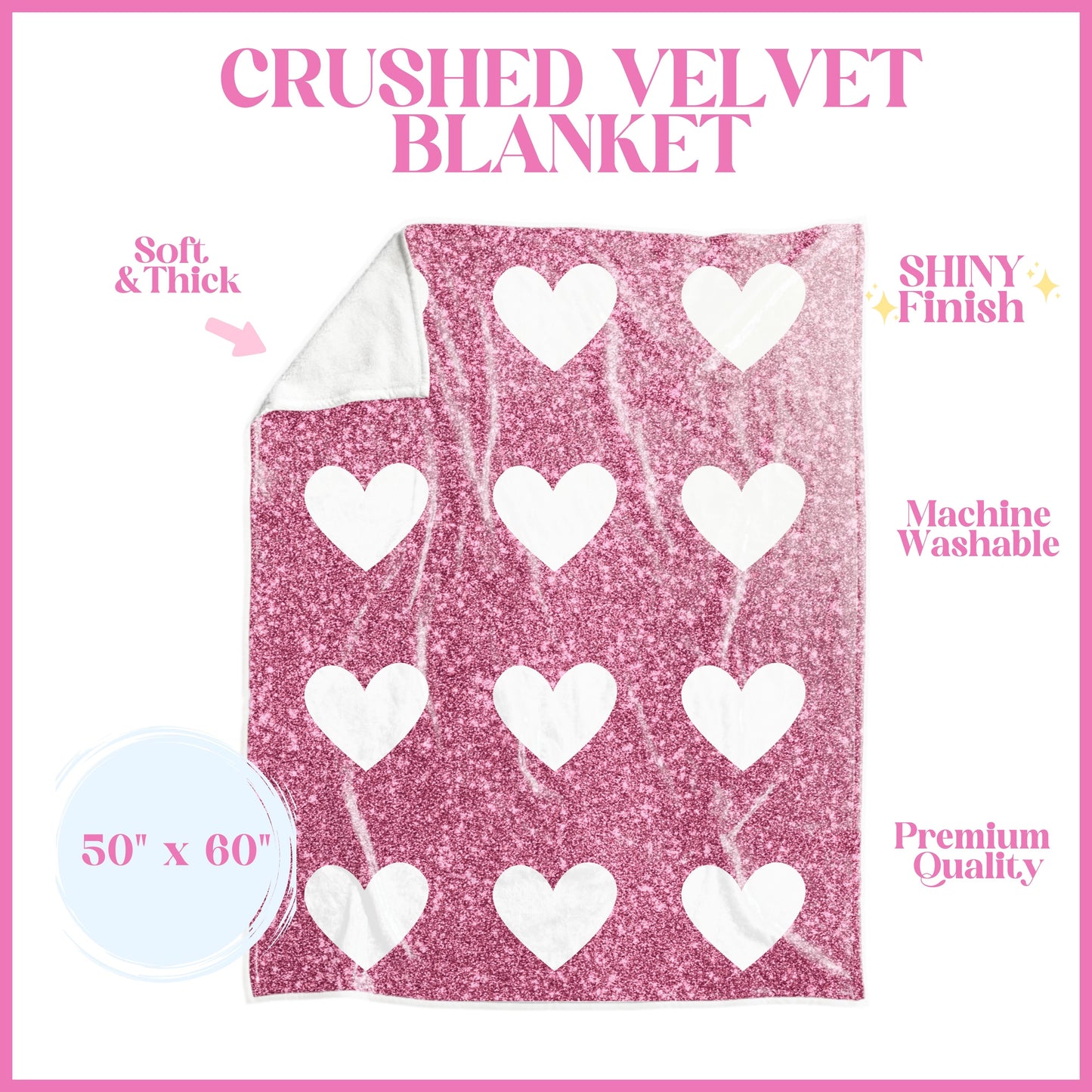 Pink and White Hearts Crushed Velvet Blanket