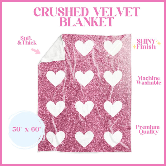 Pink and White Hearts Crushed Velvet Blanket