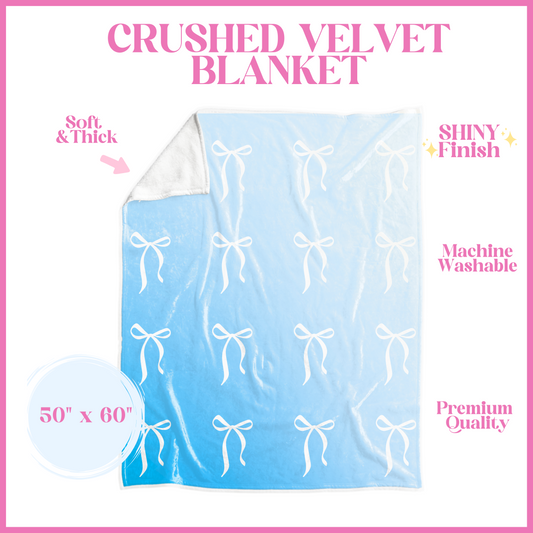 Coquette Bows on Ombre Blue Crushed Velvet Blanket