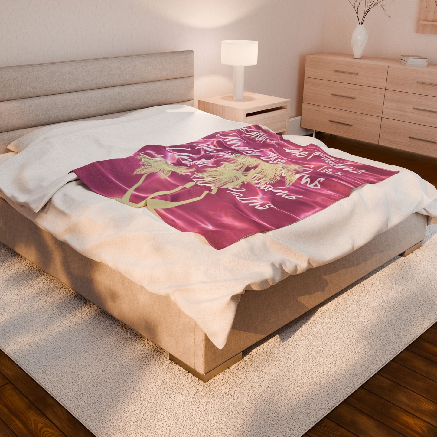 Under the Palms Pink Beach Velveteen Plush Blanket