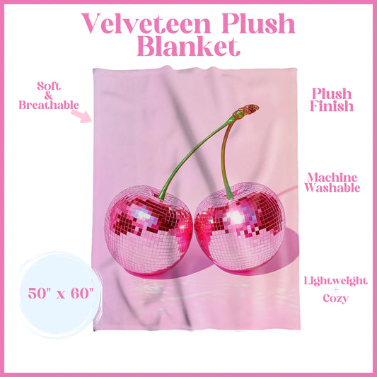 Pink Disco Cherries Girly Velveteen Plush Blanket