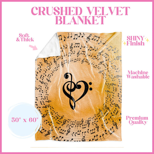 Orange Treble Bass Clef Heart Crushed Velvet Blanket| Music Lover