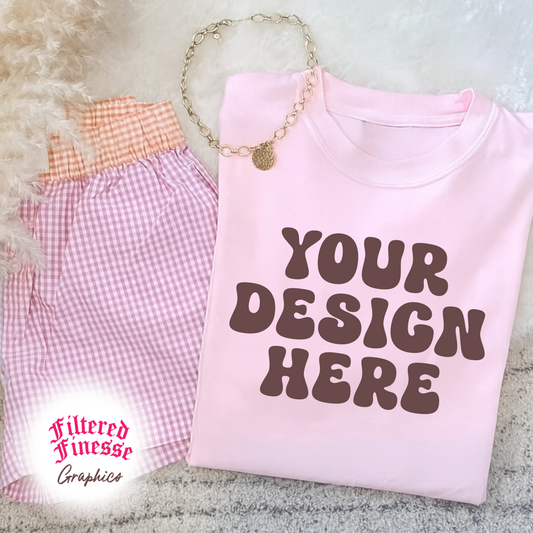 Pink Tshirt w/ Checkered Shorts Mockup Download